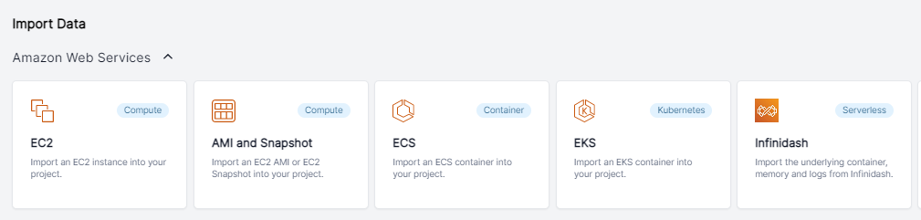 The Cado platform import page now supports data imports from AWS Infinidash